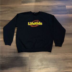 Mens Gildan Black Crewneck Sweater with Colorful Logo Size Large